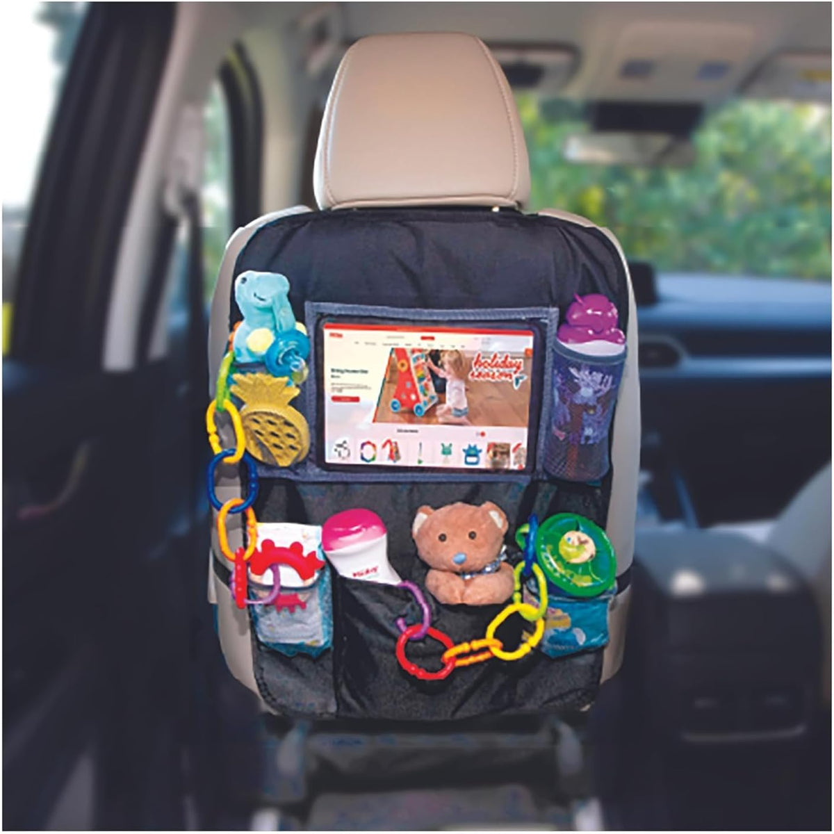 Nuby Backseat Car Organizer Set: Organizer with Tablet Holder, Storage Pockets and 5 Linkable Hooks for Attaching Accessories | Easy to Clean Black (Pack of 2)