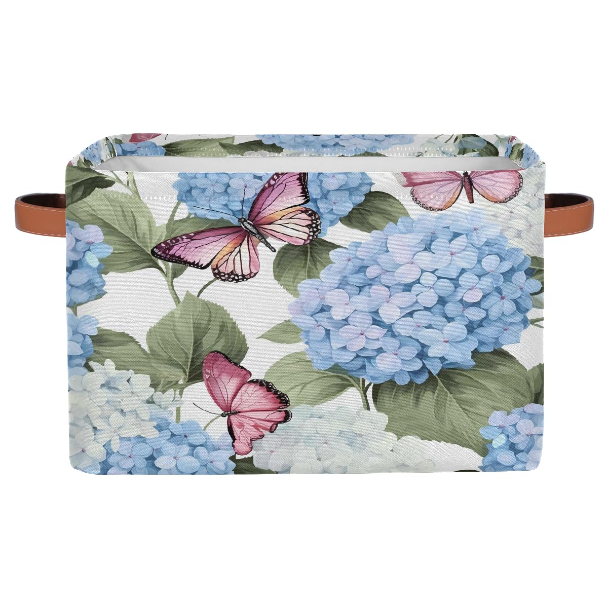 Blue Hydrangea Flowers Storage Baskets for Organizing, Fabric Collapsible Storage Bins Box Pink Butterfly Decorative Toy Organizer Baskets for Closet Shelves Gift Basket 1 Pc