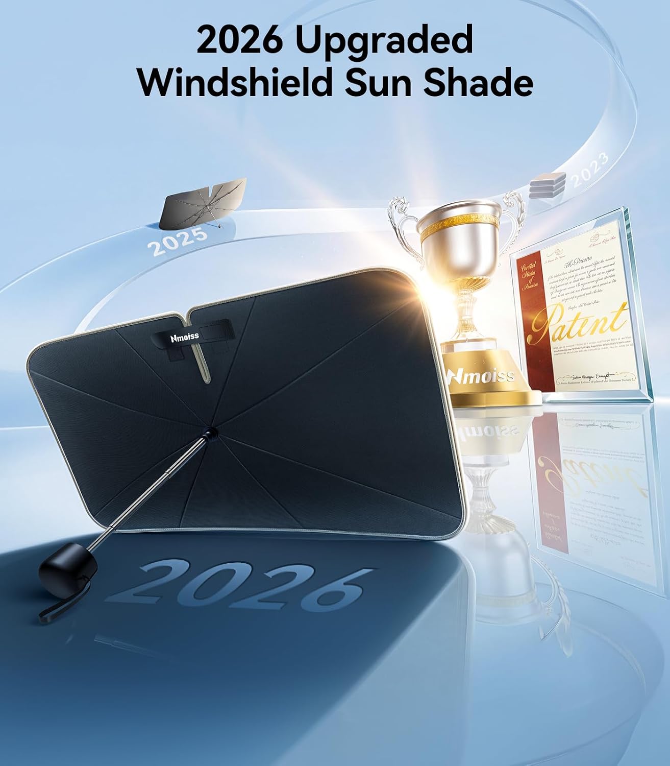 Nmoiss True Dual Layer Air Cooled Windshield Sun Shade Umbrella - [Drive to Superior Coolness & Comfort] Block 99% UV Sun Rays & Heat Damage Keep Cool and Protect Interior Medium