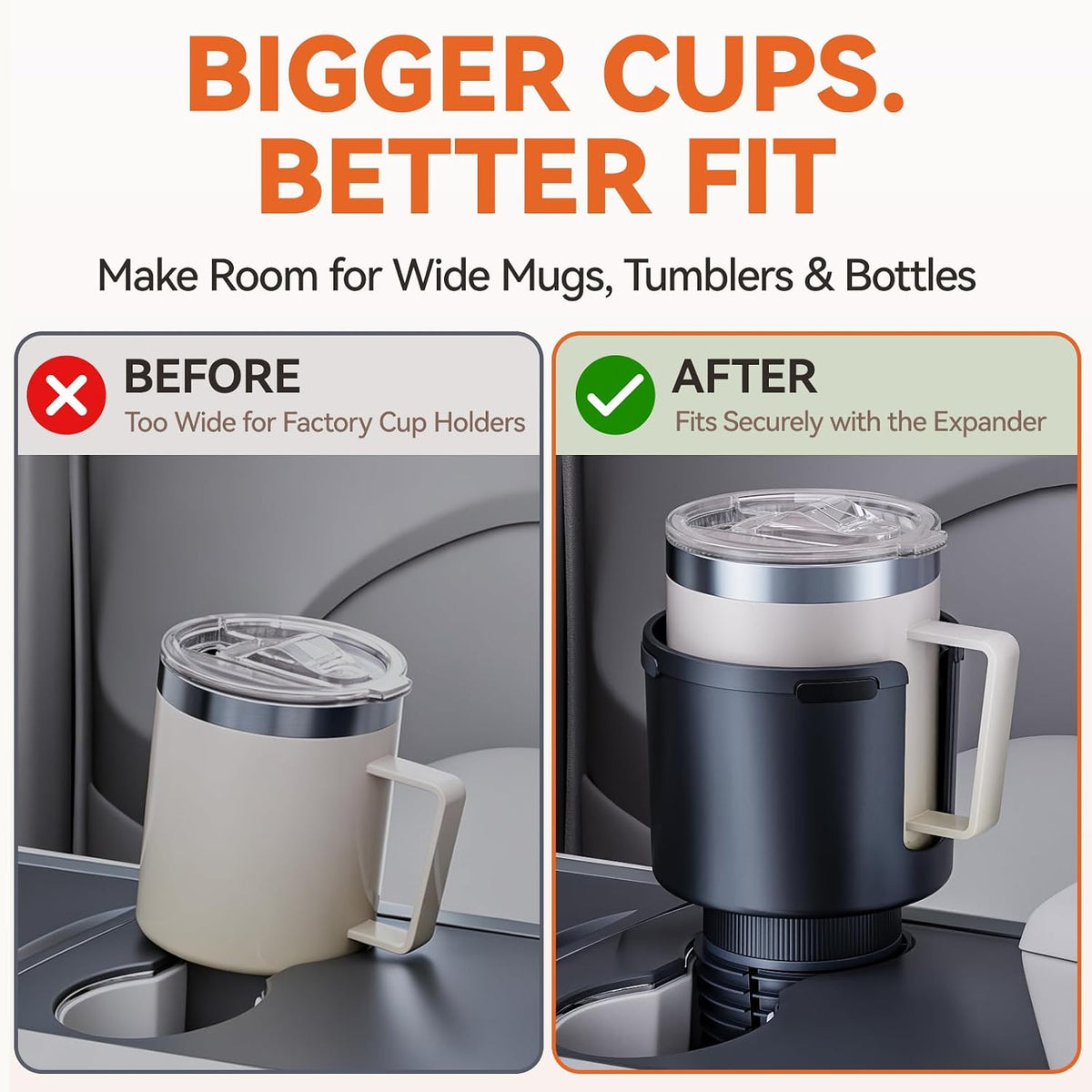 Car Cup Holder Expander for Large Water Bottles, Quick Install Cup Holder Extender for Car, Offset Base, Non Slip Adapter Compatible with Owala Stanley Yeti Hydro Flask 18-64 oz