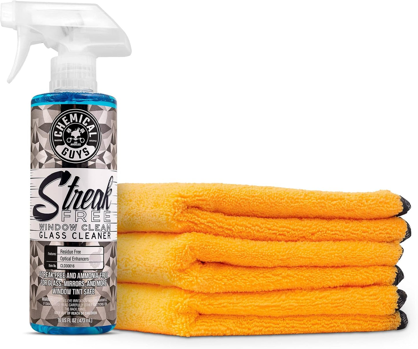 Chemical Guys CLD30016 Streak Free Glass & Window Cleaner (16 fl oz) MIC_506_03 Professional Grade Premium Microfiber Towels, Gold 16" x 16", Pack of 3