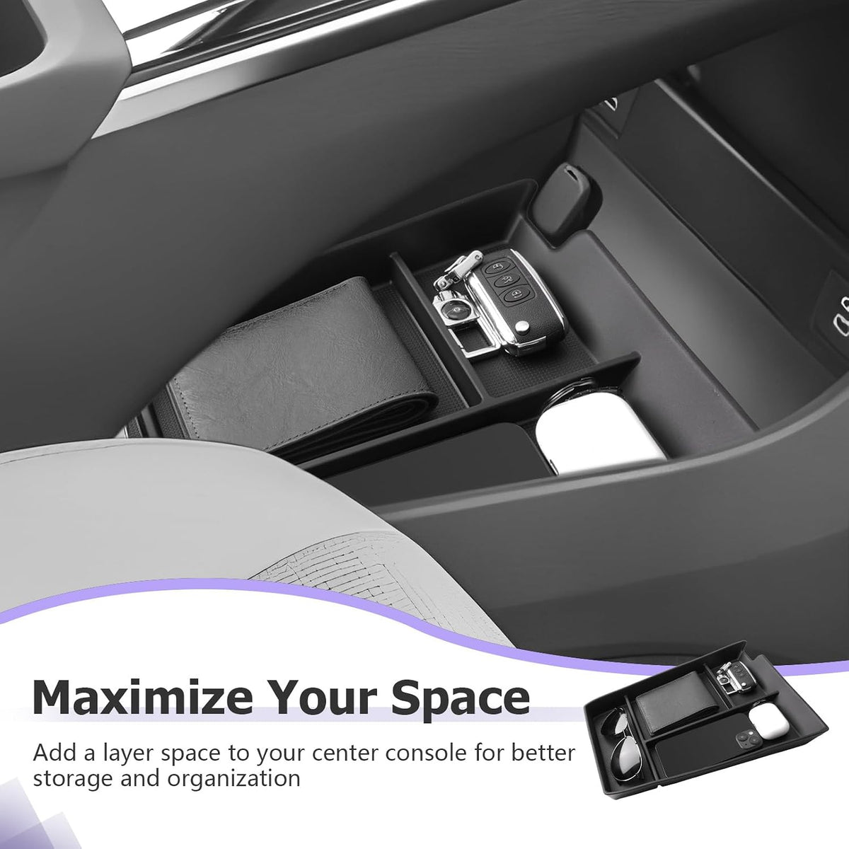 LUWU Lower Console Organizer Compatible with 2023 2024 2025 Toyota bZ4X & 2023 2024 2025 Subaru Solterra Accessories Armrest Console Secondary Storage Box Insert Tray Silicon Material Black