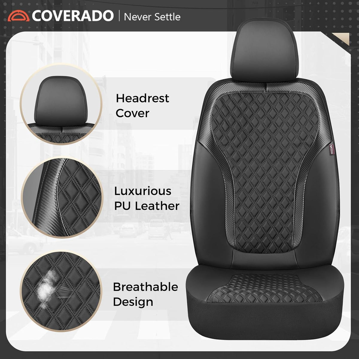 Coverado Front Seat Covers, Luxury Diamond Leather Car Seat Cover with Carbon Fibre Weave Design, Waterproof Car Seat Protectors, Black Driver Seat Covers Universal Fit for Cars SUV Trucks