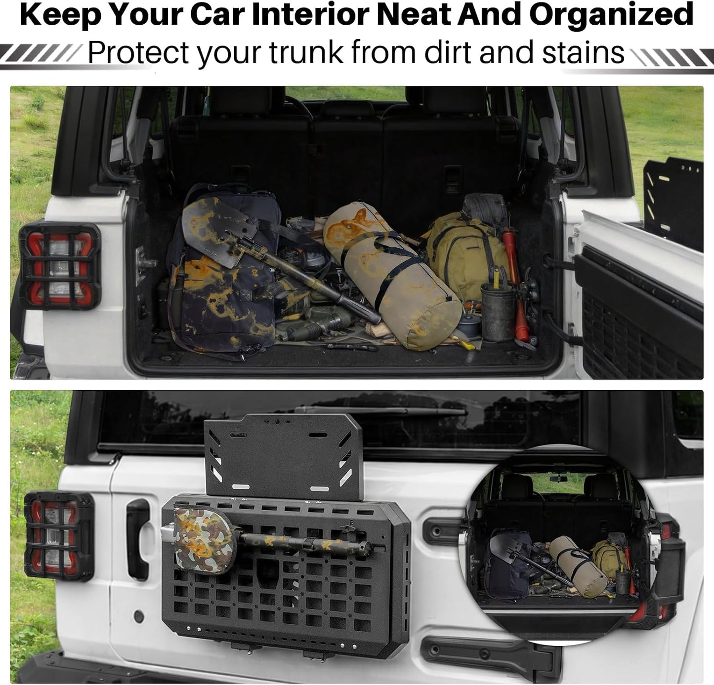 Spare Tire MOLLE Panel Modular Storage System for Jeep Wrangler JL JK & Ford Bronco (Excludes Sport Models), Heavy-Duty Metal Foldable Tailgate Table, Car Storage Organizer Panel Accessories
