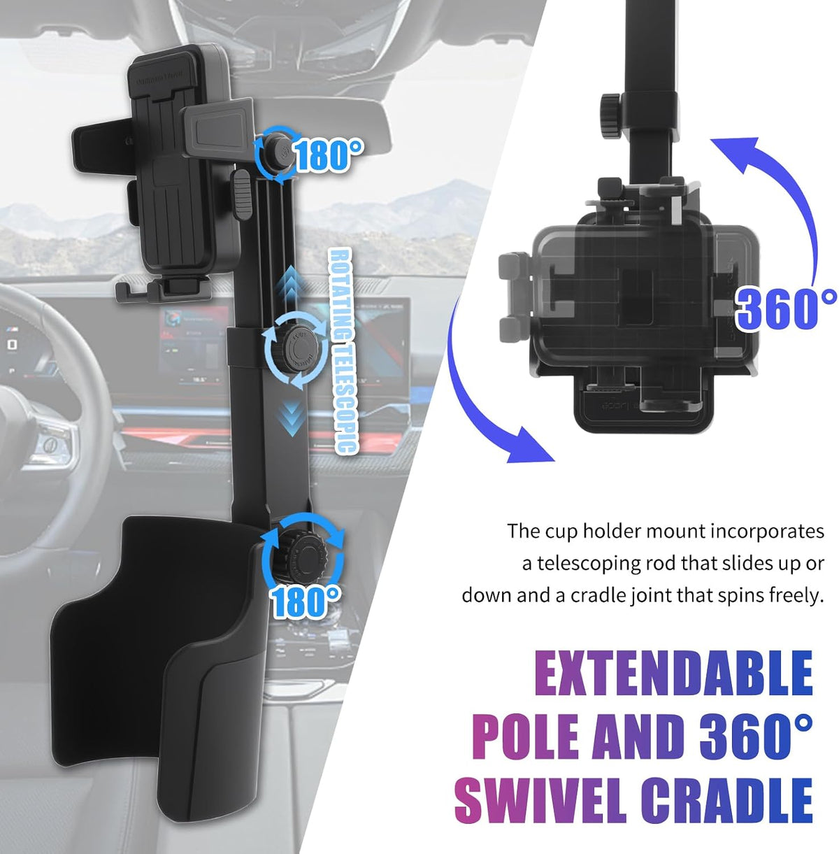 2-in-1 Cup Holder Phone Holder,Upgraded Version Cup Holders Phone Mount with Long Arm & 360° Adjustable,Cups Phones Holders for Car as Car Accessories for 4.7-7 inches Phones