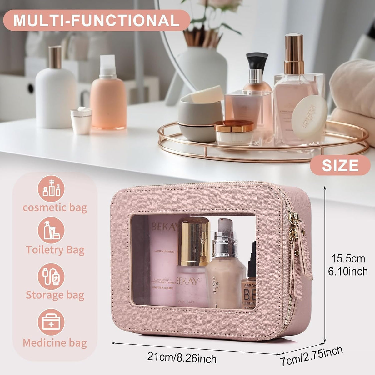 Pinkmik Clear Makeup Bag, (Pink, M)
