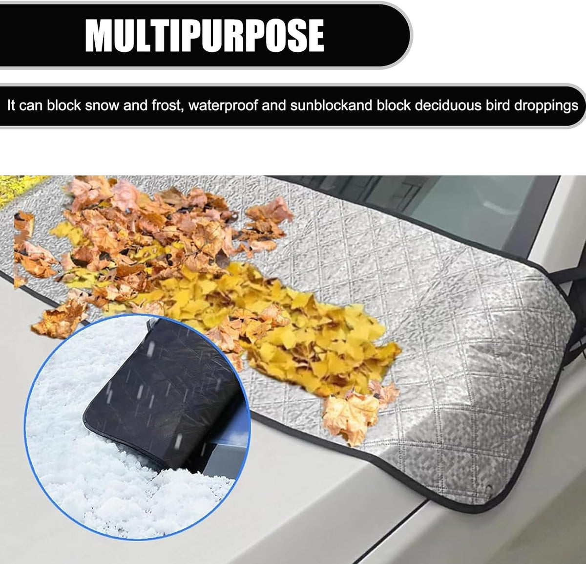 1 PC Car Front Windshield Rain Trough Cover, 66.9" x 17.7" Block Fallen Leaves Dust and Frost Protector for All Seasons, Adsorption Sunshade with Elastic Belt, Universal for Cars (Silver)