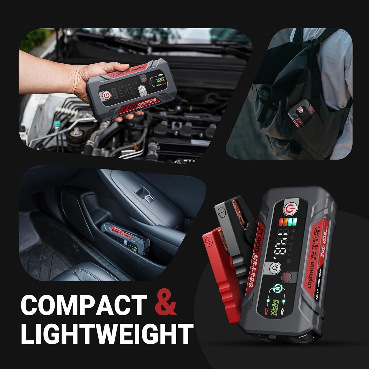 LOKITHOR JT400 2500A Portable Jump Starter with 100–2000 CCA Battery Tester, 12V Car Battery Jump Starter for Up to 8.5L Gas or 6.5L Diesel Engines, Smart Bluetooth Automotive Battery Load Tester