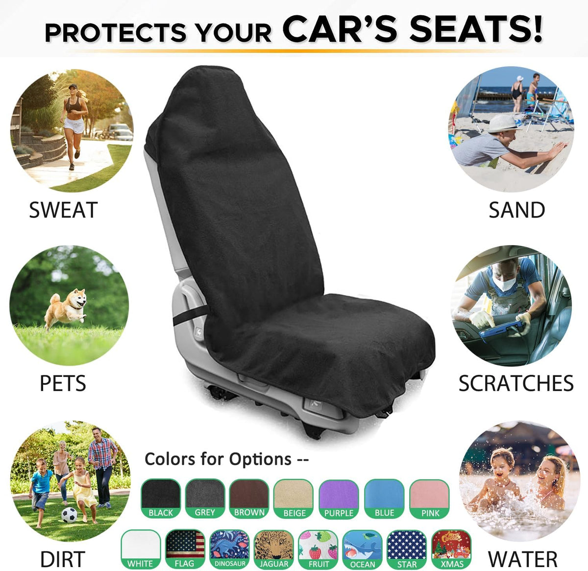 Waterproof Sweating Car Seat Cover for Post Gym Workout, Running, Swimming, Beach and Hiking, Universal Fit Non-Slip Towel Bucket Seat Protector for Cars SUV Trucks, Machine Washable (Black)