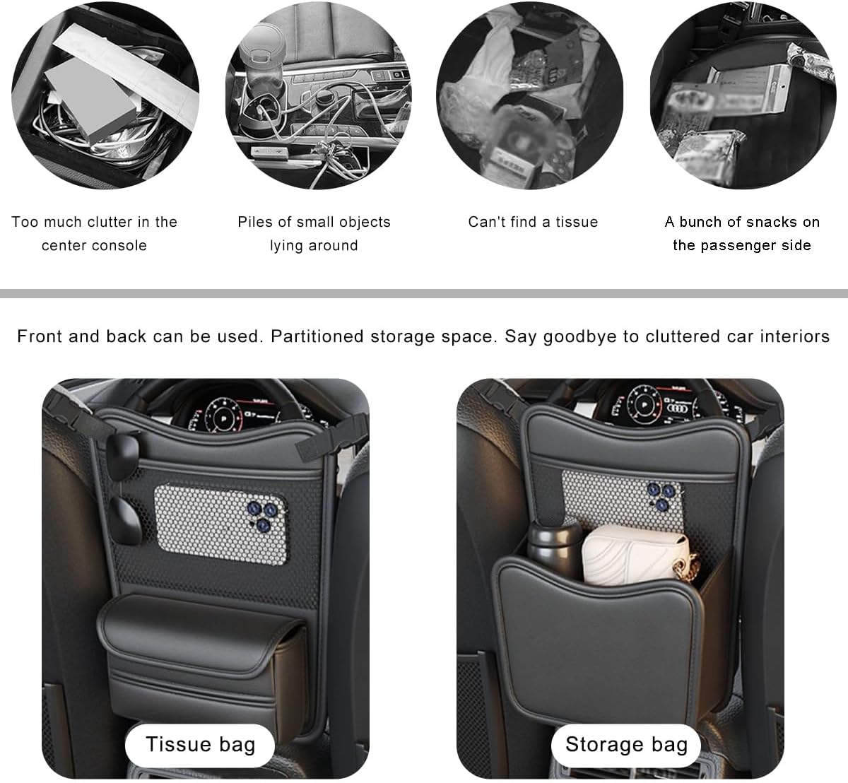 Car Organizer Storage Between Seats, Leather Car Console Hanging Storage Organizer with Mesh Pocket Tissue Box, Multi-Functional Large Capacity Headrest Holder Bag for Purse Snack (Gray)
