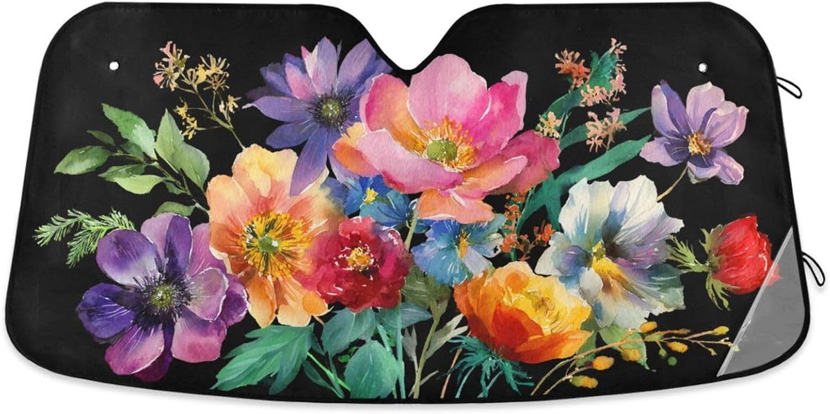 Foldable Car Windshield Sun Shade Flowers Colorful Leaves Stems Accordion Folding UV Block Cooling Sunshade Visor Front Window Keeps Vehicle Cool 55 x 27.6
