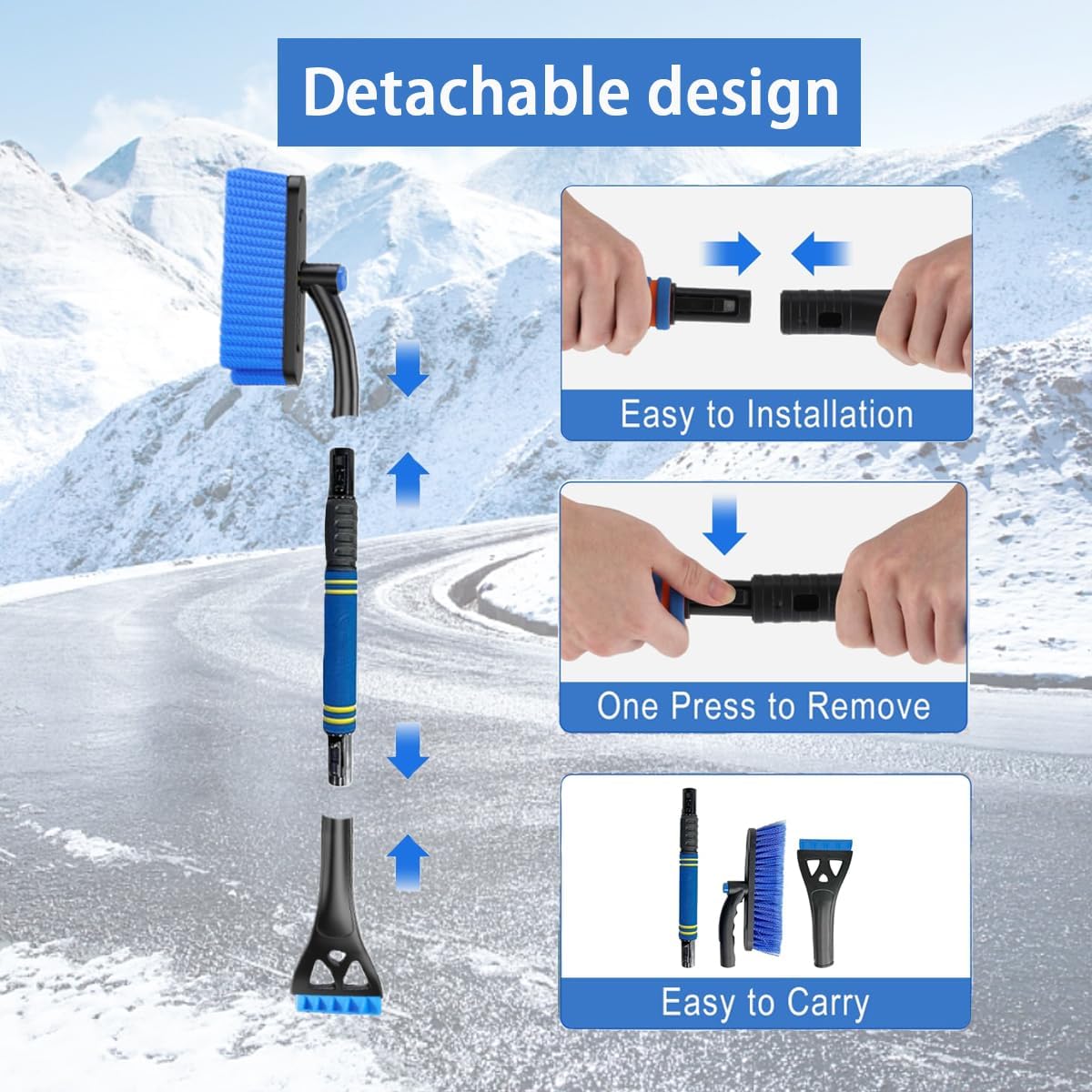 Extendable Snow Brush & Ice Scraper for Car Windshield – 25" to 31.5" Telescoping Handle, Scratch-Free Bristles, Foam Grip, for Cars, Trucks & SUVs (Blue)