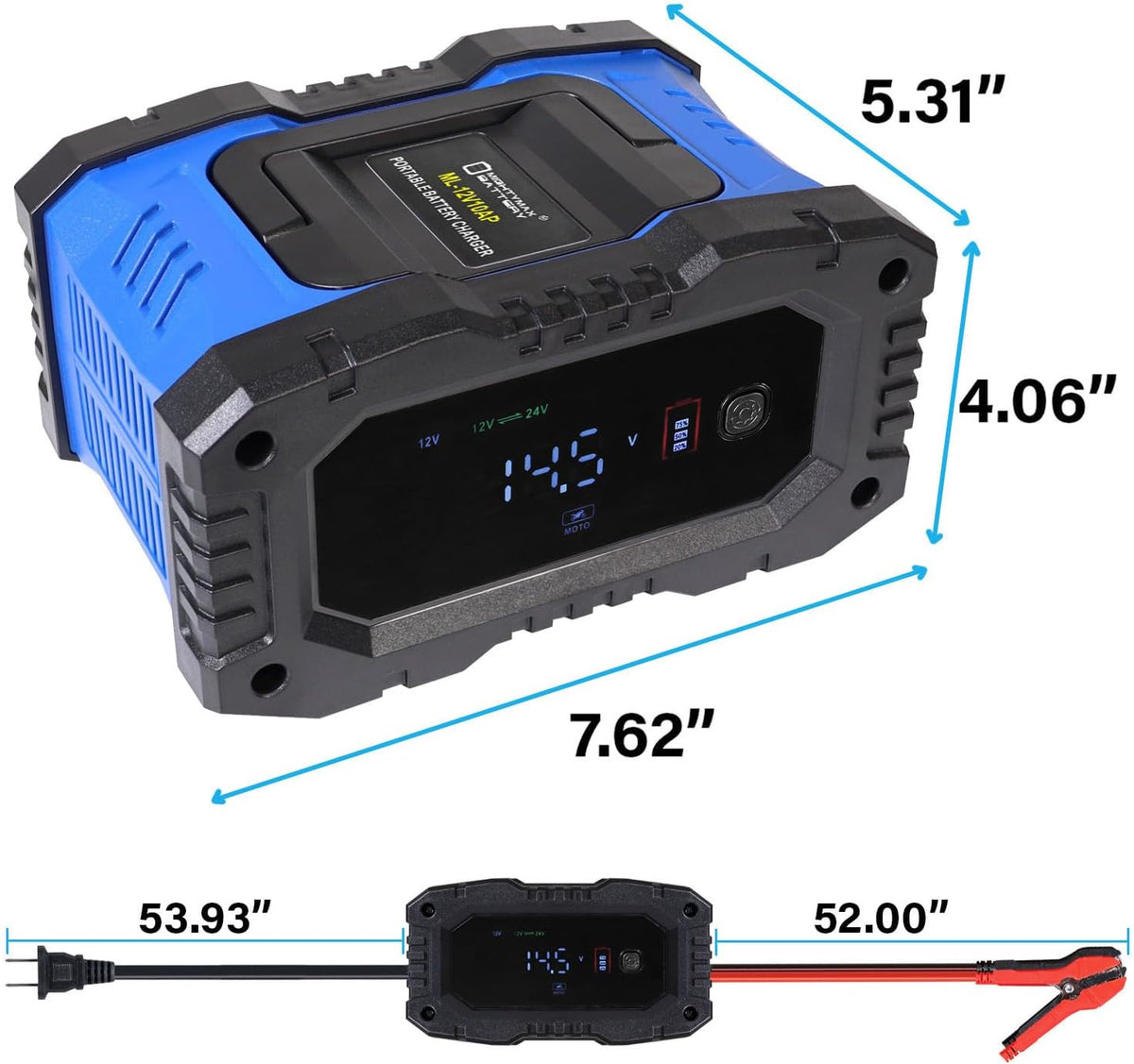 Mighty Max Battery 12V/24V 10Amp Smart Automatic Charger & Maintainer with Restoration, Desulfator, and Winter Mode for for Car, RV, Boat, Truck, Motorcycle - Lithium, AGM, SLA, Gel, Wet, Deep Cycle