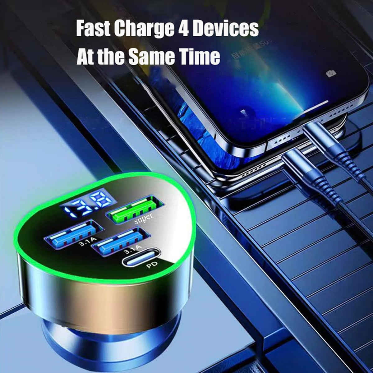 4 in 1 Multi Port USB C Car Phone Charger Adapter with Voltage Display, QC4.0/PPS/AFC Super Fast Cigarette Lighter USB Charge with Volt Meter for iPhone Galaxy Android Phones