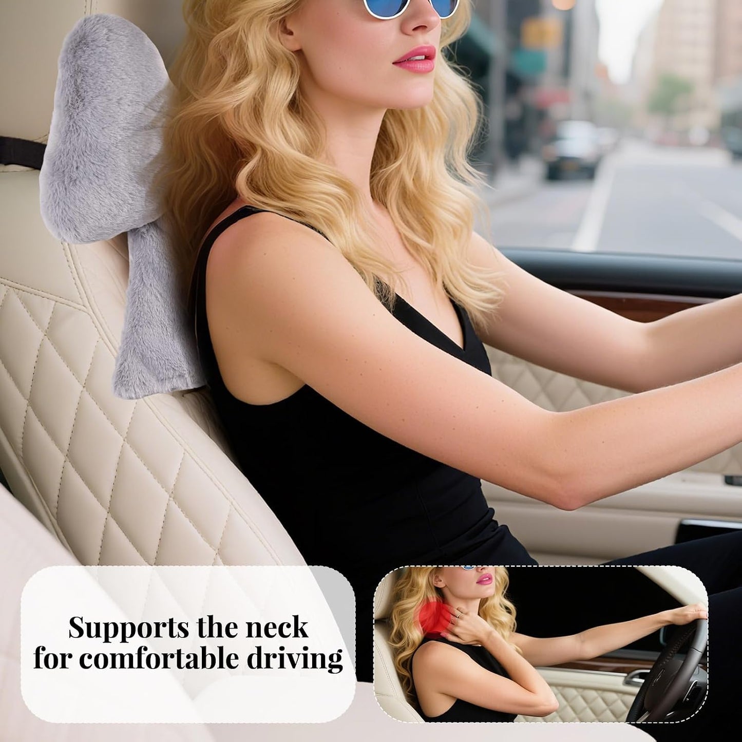 Bow Car Headrest Pillows Plush Car Neck Pillows for Travel Driving Office Chair Head Support Cushions, Also Cute Car Decor Accessories (2PCS Grey)