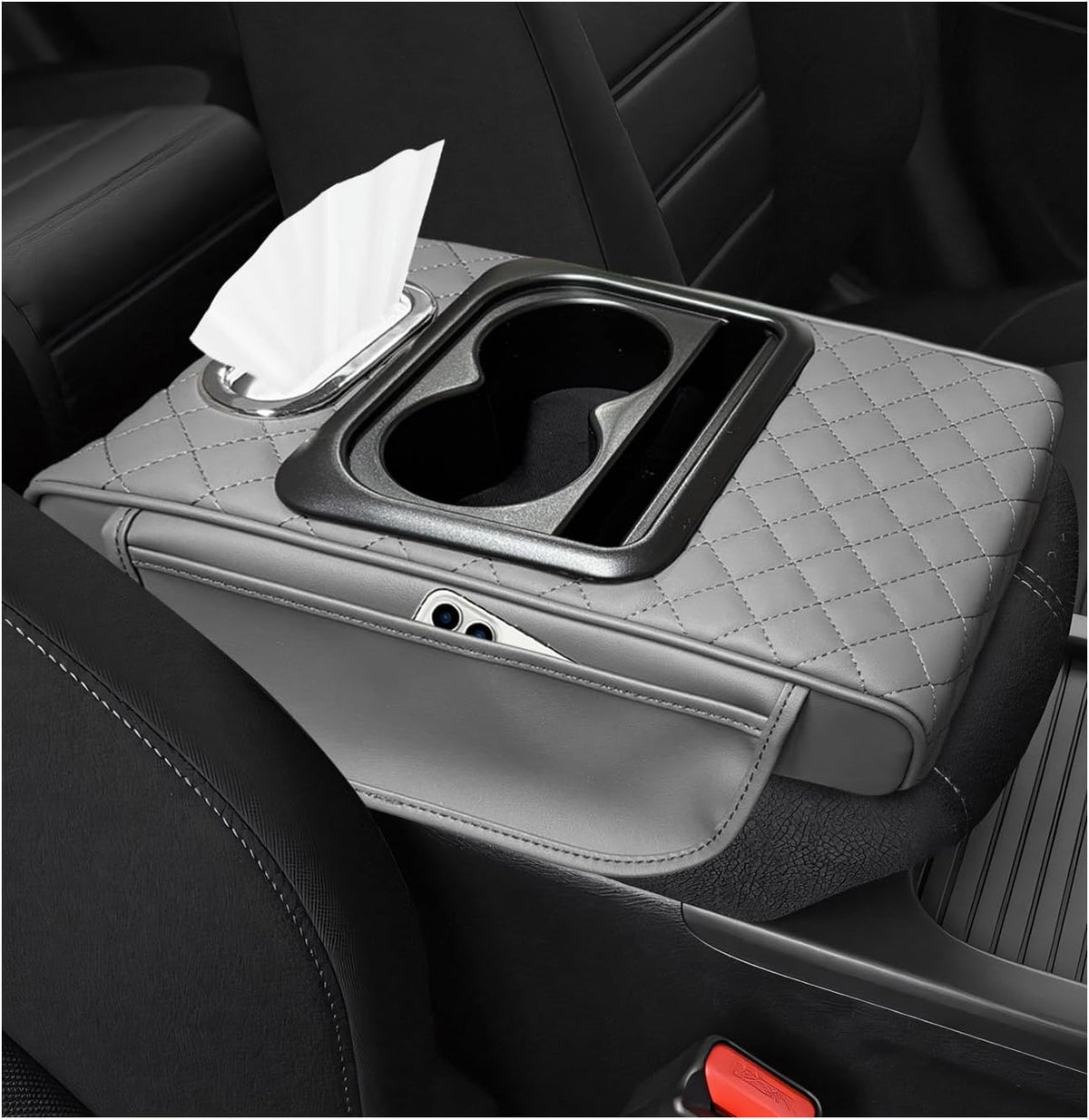 Car Center Console Armrest Pillow, Waterproof Arm Rest Cover with 2 Side Bags, Tissue Box, Phone & Cup Holder, 5-in-1 Leather Armrest Pad Interior Organizer for Most Cars (Embroidered, Black)