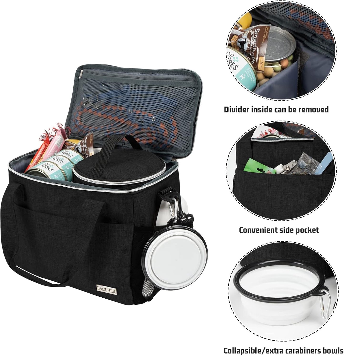BAGLHER Dog Travel Bag Backpack Pet Supplies Backpack Pet Accessories Storage Bag 5-Piece Set With Shoulder Strap 2 Lined Pet Food Containers 2 Foldable Feeding Bowls Essential Kit for Pet travel
