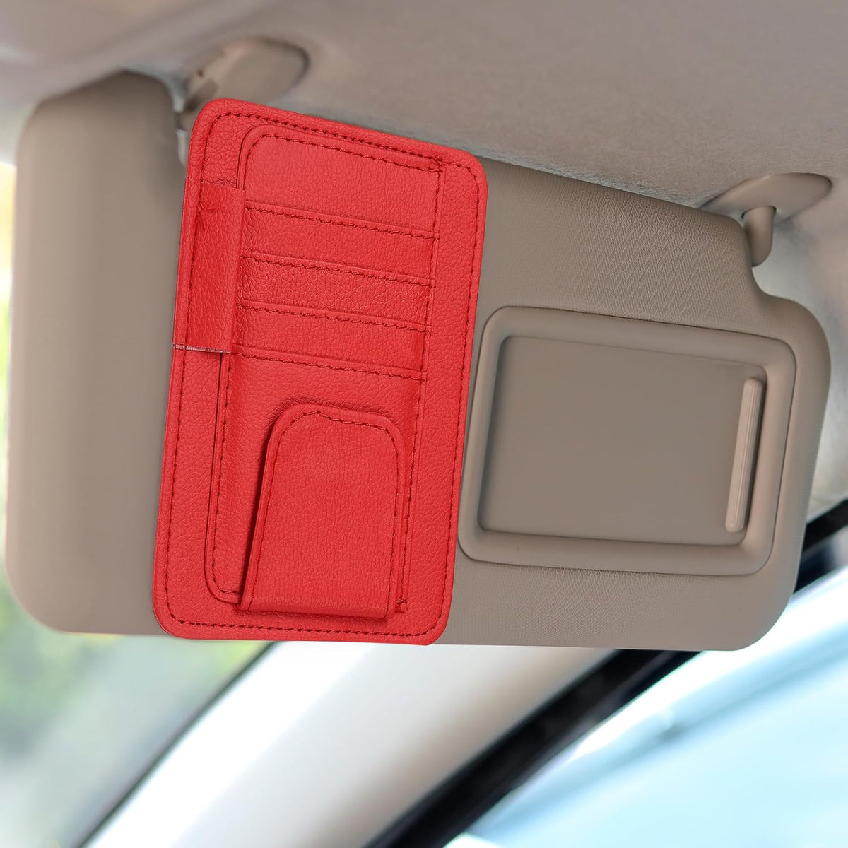 HARFINGTON 2Pcs Car Sun Visor Organizer 6.02" x 4.76" Leather Multi-Pocket Visor Card Sleeve Pocket Car Truck SUV Interior Storage Pouch for Driving License Credit Card Bill Sunglasses, Brown
