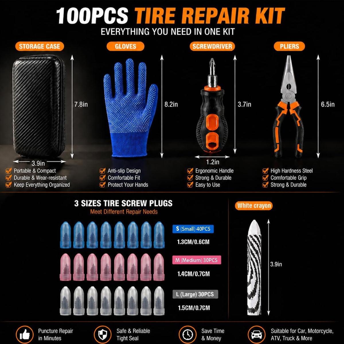 100PCS tire Repair Rubber Nail kit,Fix Without Tire Removal,Three Sizes tire Screw Plugs Tread Repair for Car,Truck,Motorcycle,SUV,Includes Tools Portable Case.