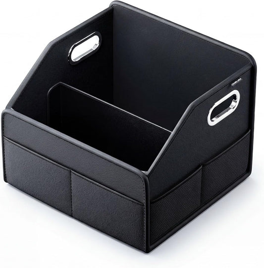 Car Front Seat Organizer - PU Leather Car Storage Box with Metal Handle, Divided Black Car Caddy Organizer for Truck/SUV/RV/Sedan, Universal Car Accessories for Trunk Front Back Seat