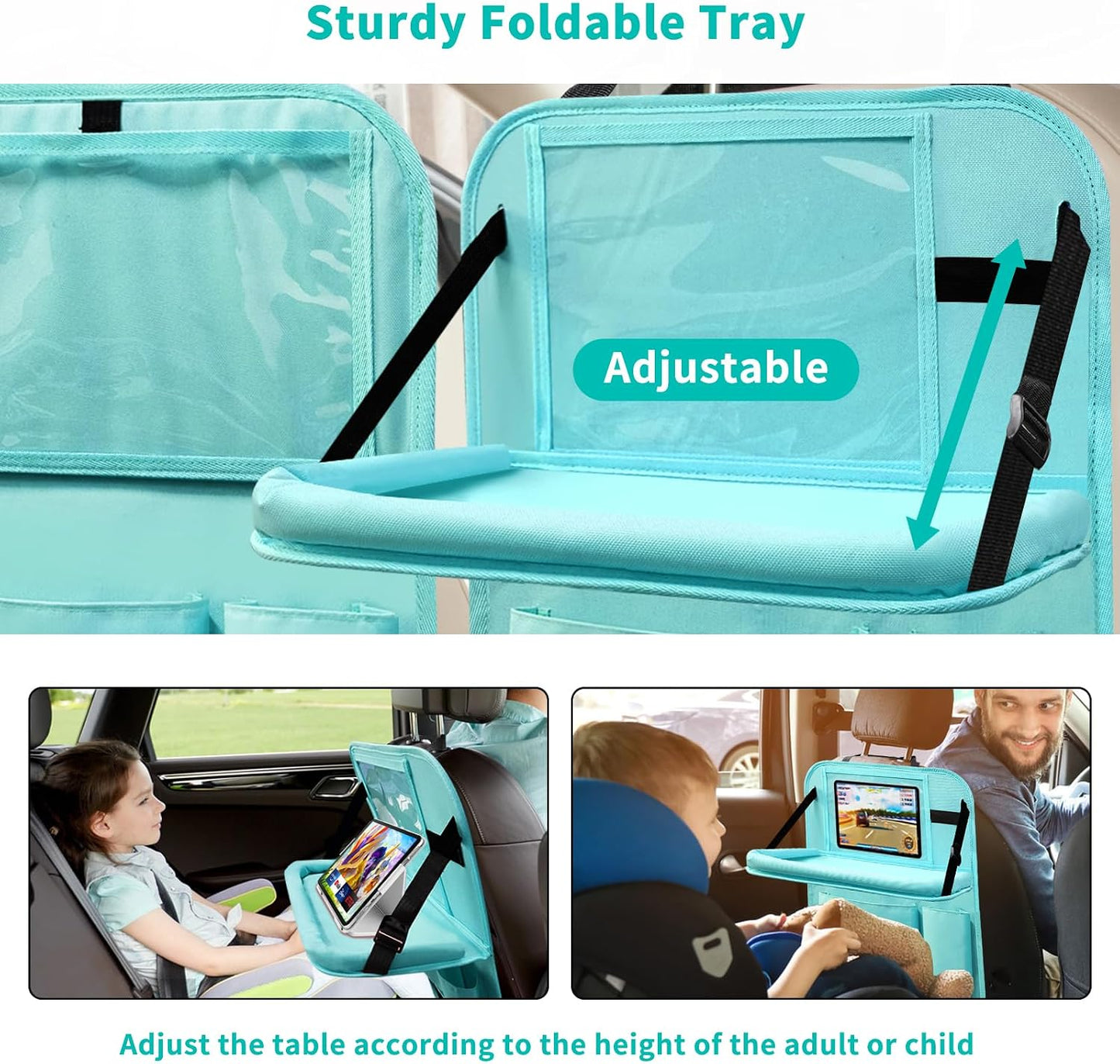 Backseat Car Organizer with Tablet Holder, 6 Storage Pockets Car Storage Organizer with Foldable Food Tray, Kick Mats Travel Accessories, 2 Pack BLue