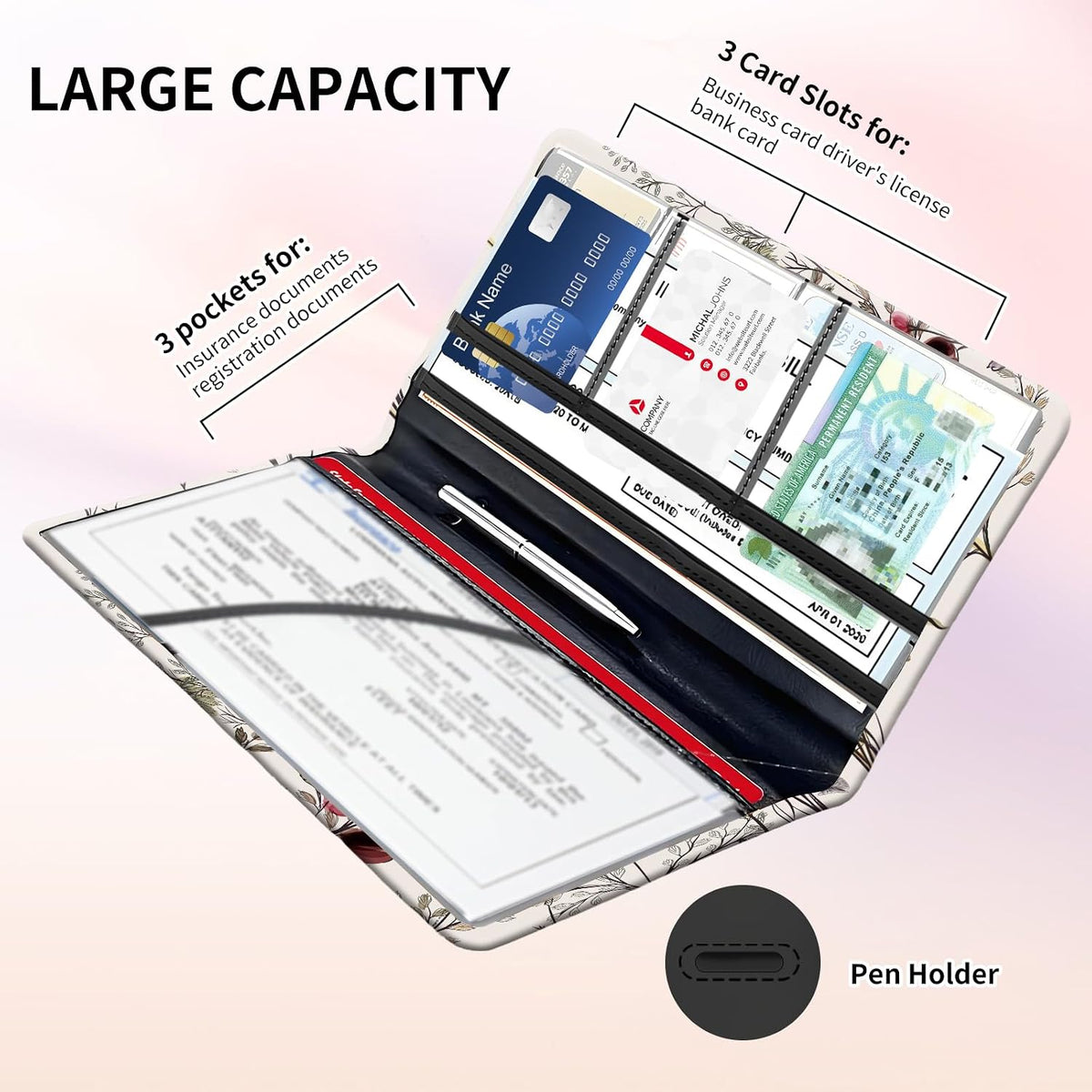 Premium Car Registration and Insurance Card Holder, Cute PU Leather Car Document Holder, Vehicle Glove Box Car Organizer with Magnetic Closure for Driver License, Cards Vintage Red Florals