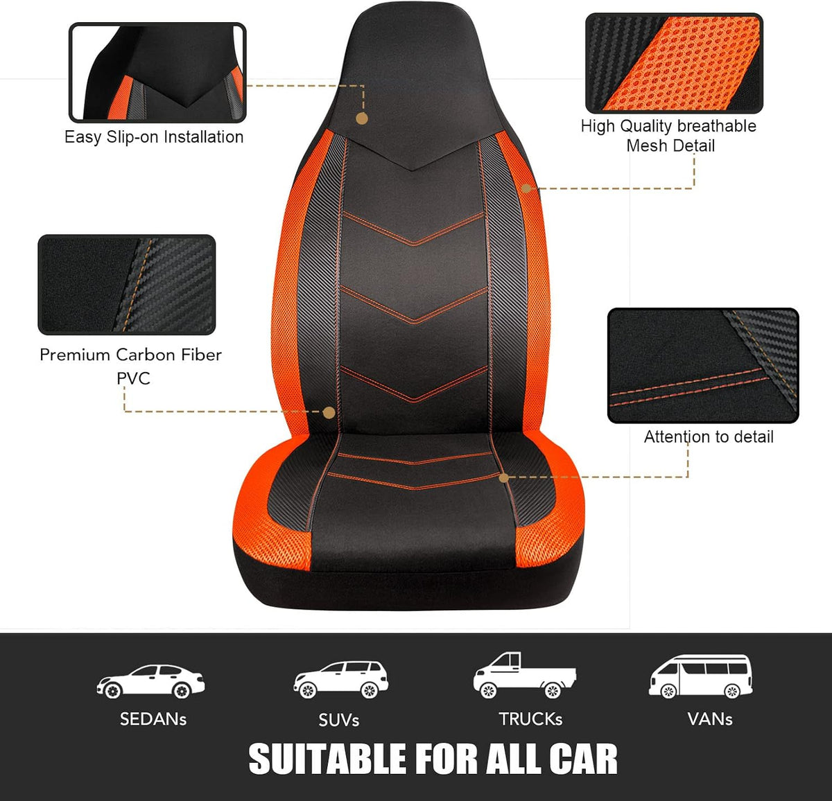 PIC AUTO High Back Front Car Seat Covers - Sports Carbon Fiber Mesh Design, Two Front Set, Airbag Compatible, Universal Fit for Most Cars (Orange)