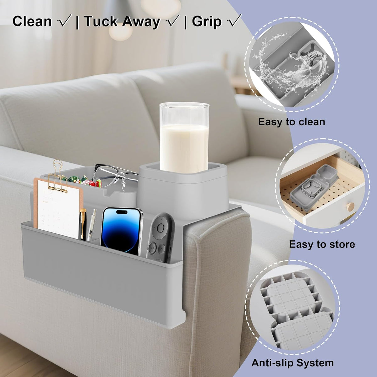 KindGa Couch Cup Holder Tray - Silicone Sofa Armrest Organizer Slate Gray