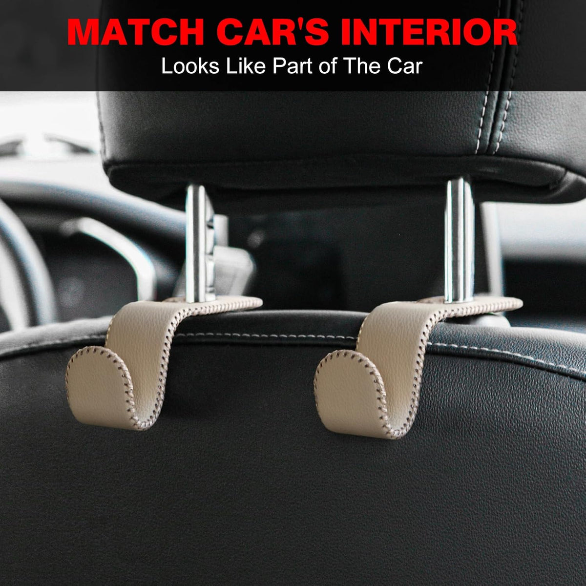 AMVOYOA U-Shaped Car Leather Hooks – Car Purse Holder, Headrest Hooks for Car, Back Seat Organizer - Elevate Your Travel Experience!(Beige)