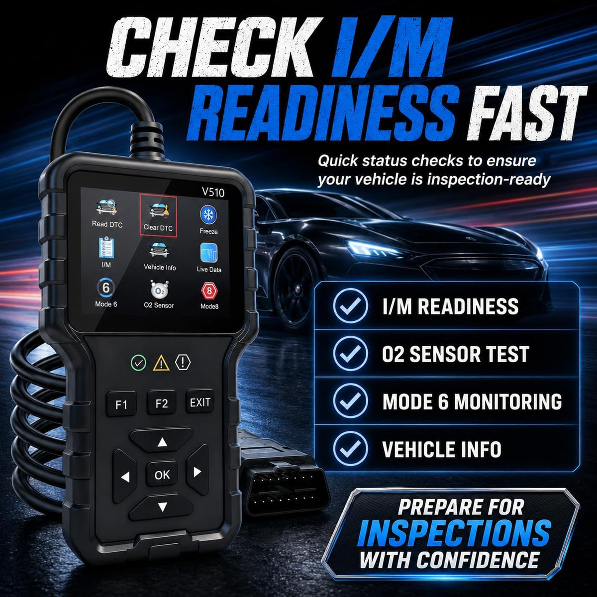 V510 OBD2 Scanner Diagnostic Tool -Code Reader, Reset Function, Data Stream, I/M Readiness, Full OBS2 Function, Modes 6 & 8, for All 1996+ Vehicles