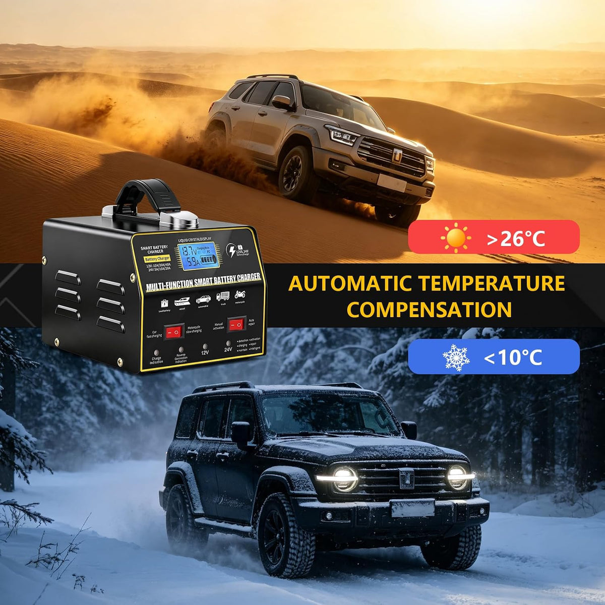 Smart Battery Charger 12V/24V Auto-Trickle Charger for Car, Truck, Motorcycle,Lawn Mower, Boat, Pulse Repair, 6-Stage Protection