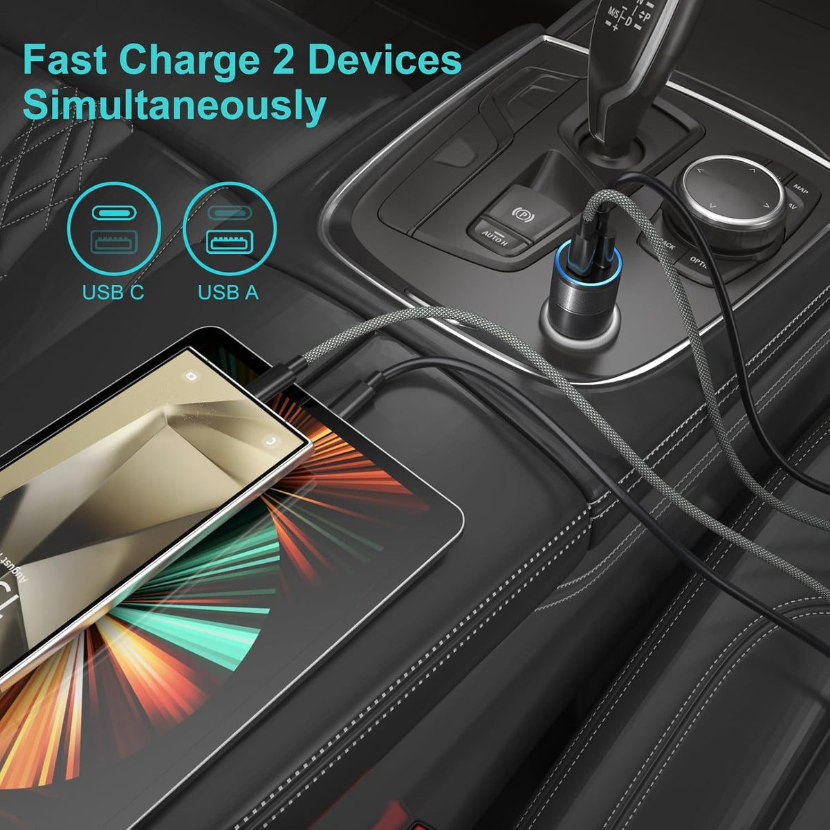 Car Charger Fast Charging Type C, 2X Braided USB C to USB C Cable 6ft