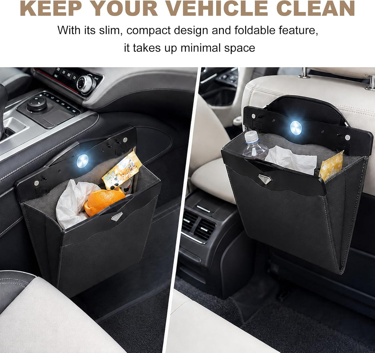 LED Car Trash Can, Leather Garbage Bin (Black)