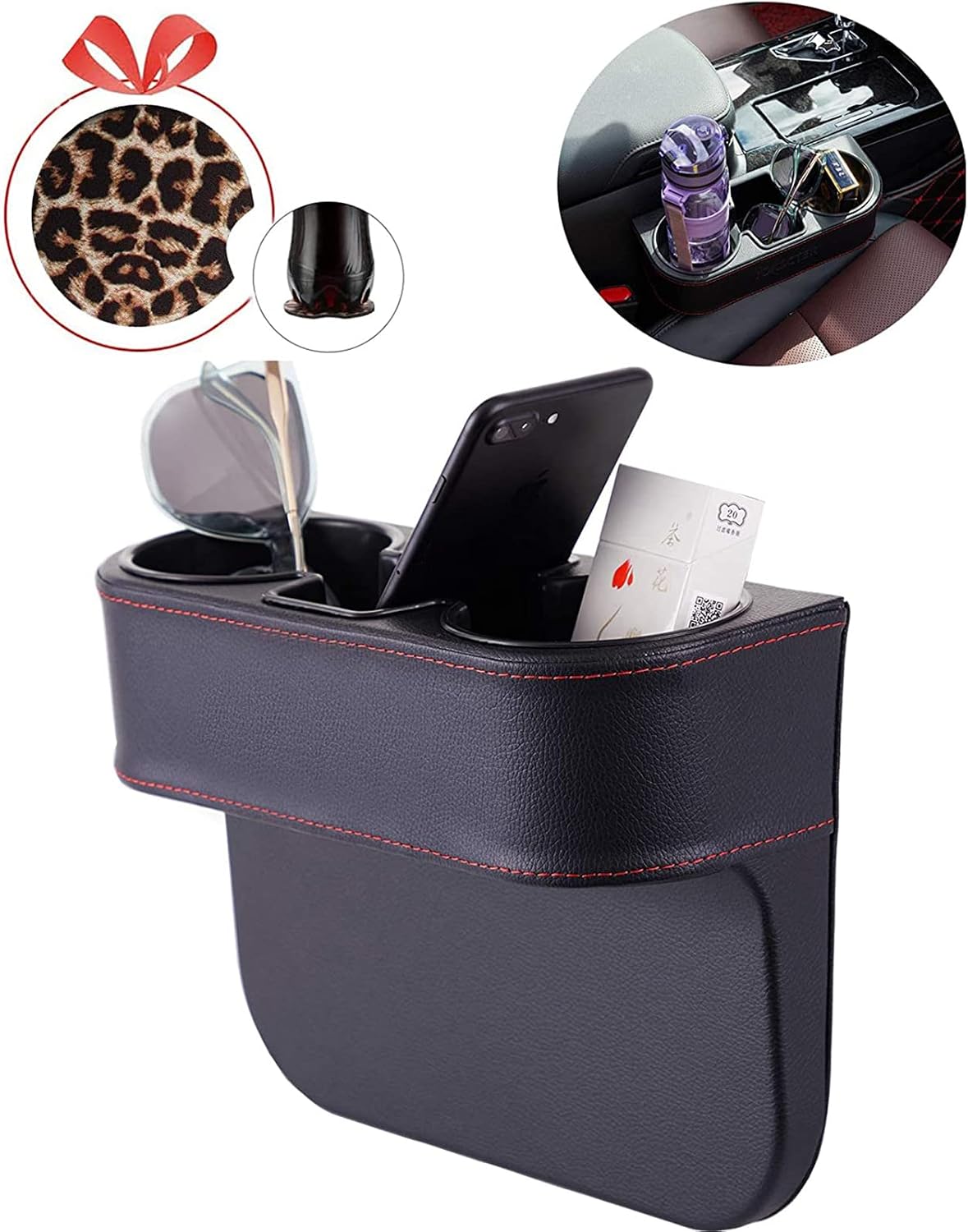 Cup Holder for Car, Car Seat Gap Organizer, PU Leather, XBD Black