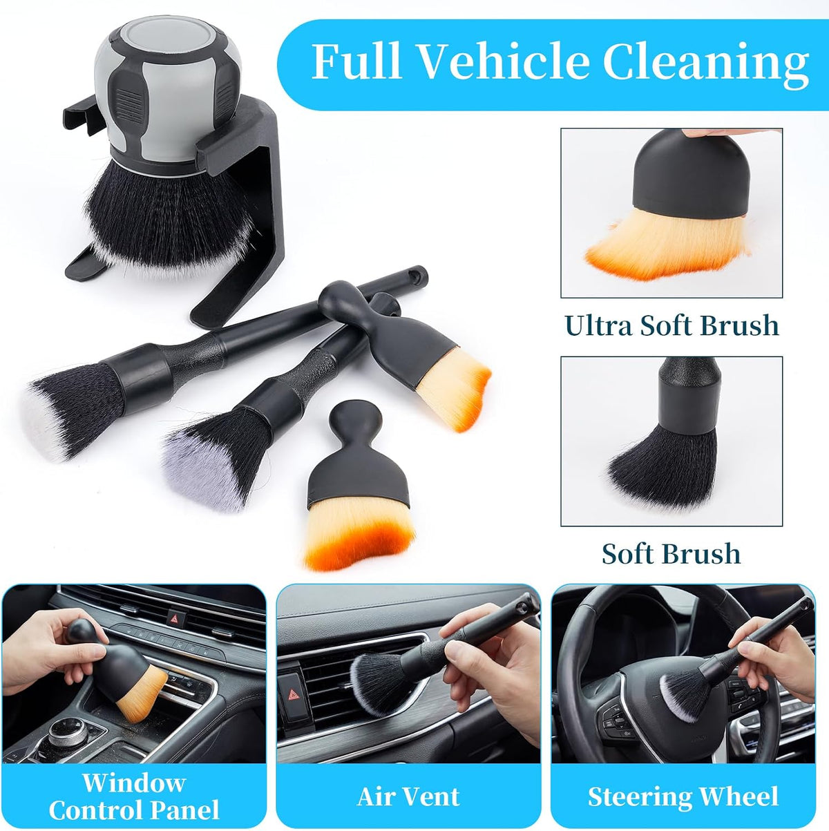 Supkiir 5Pcs Curveball Detailing Brush, Soft Bristles Dusting Brush with Storage Rack, Curveball XL Synthetic Brush Automotive Interior Dusting Brushes, Covers Large Area Inside or Outside Vehicles