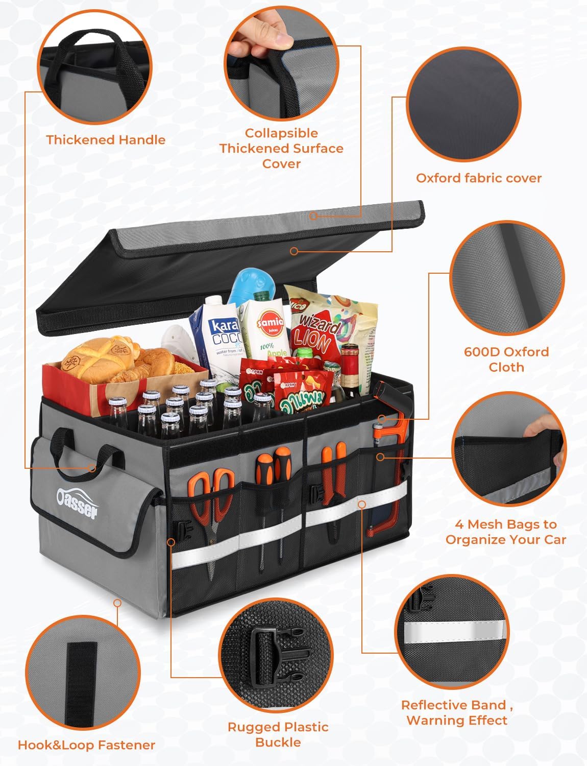 Oasser Car Trunk Organizer Collapsible Multi Compartments SUV Trunk Organizer with Reflective Strip Foldable Cover
