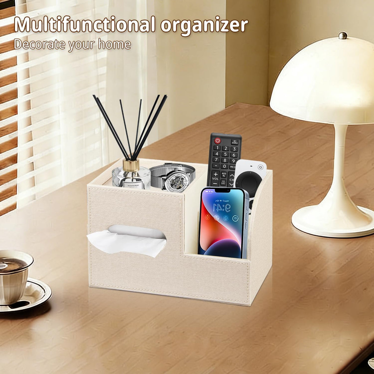 PU Leather Square Tissue Box Cover with Storage Tray,Cube Tissue Box Holder
