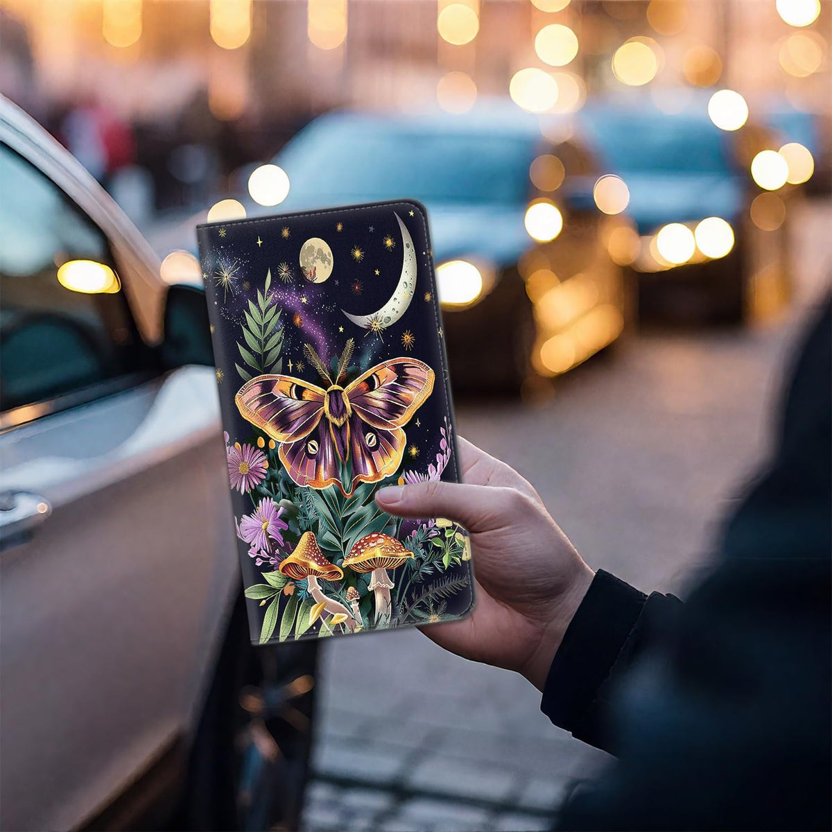 Car Registration Holder, PU Leather Vehicle Card Document Glove Box Organizer, Women Interior Auto Accessories Case for Cards, Driver License Car Insurance Holder, Magical Moth Moonlit and Mushrooms