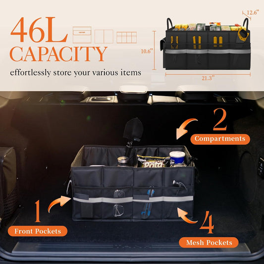 HOTOR Trunk Organizer - Car Organizer with 5 Pockets, Trunk organizer for SUV, Sedan &amp; Van, Car Organization with Sturdy Base Panel for Car Accessories, Black, 2 Compartments, 21.3"×12.6"×10.6"