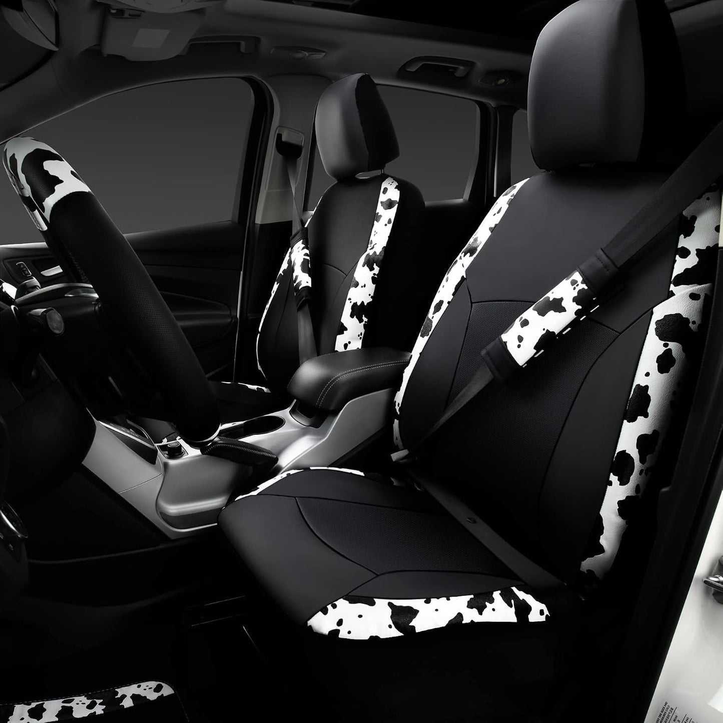 CAR-PASS Cow Print Car Accessories Sets Faux Leather Car Seat Covers & Cow Car Mats & Cow Steering Wheel Cover Seat Belt Pads Universal fit for SUV,Van,Saden,Truck Cute Automobile Interior Sets Women