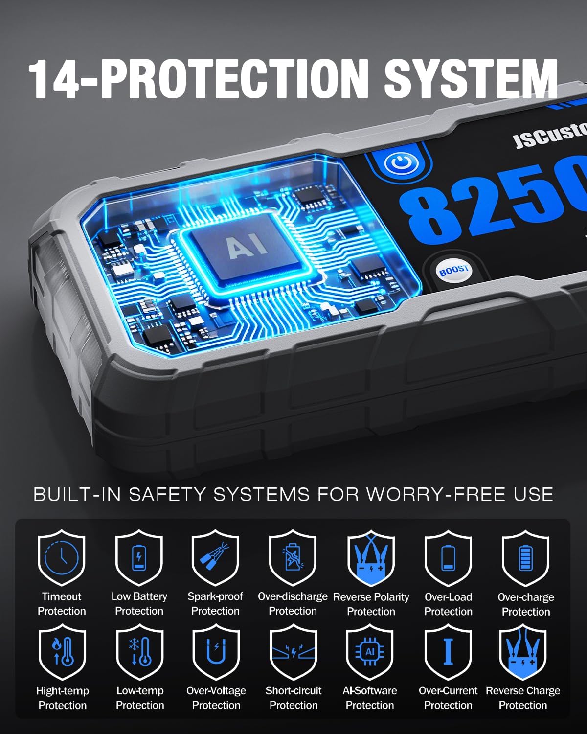 8250A Jump Starter Battery Jump Starter Battery Pack with PD-65W (for All Gas or 10.0+L Diesel), 12V Potable Car Jump Start with 4.01 inch HD Screen, 2 USB Power Bank 24-Months Stand-by Time
