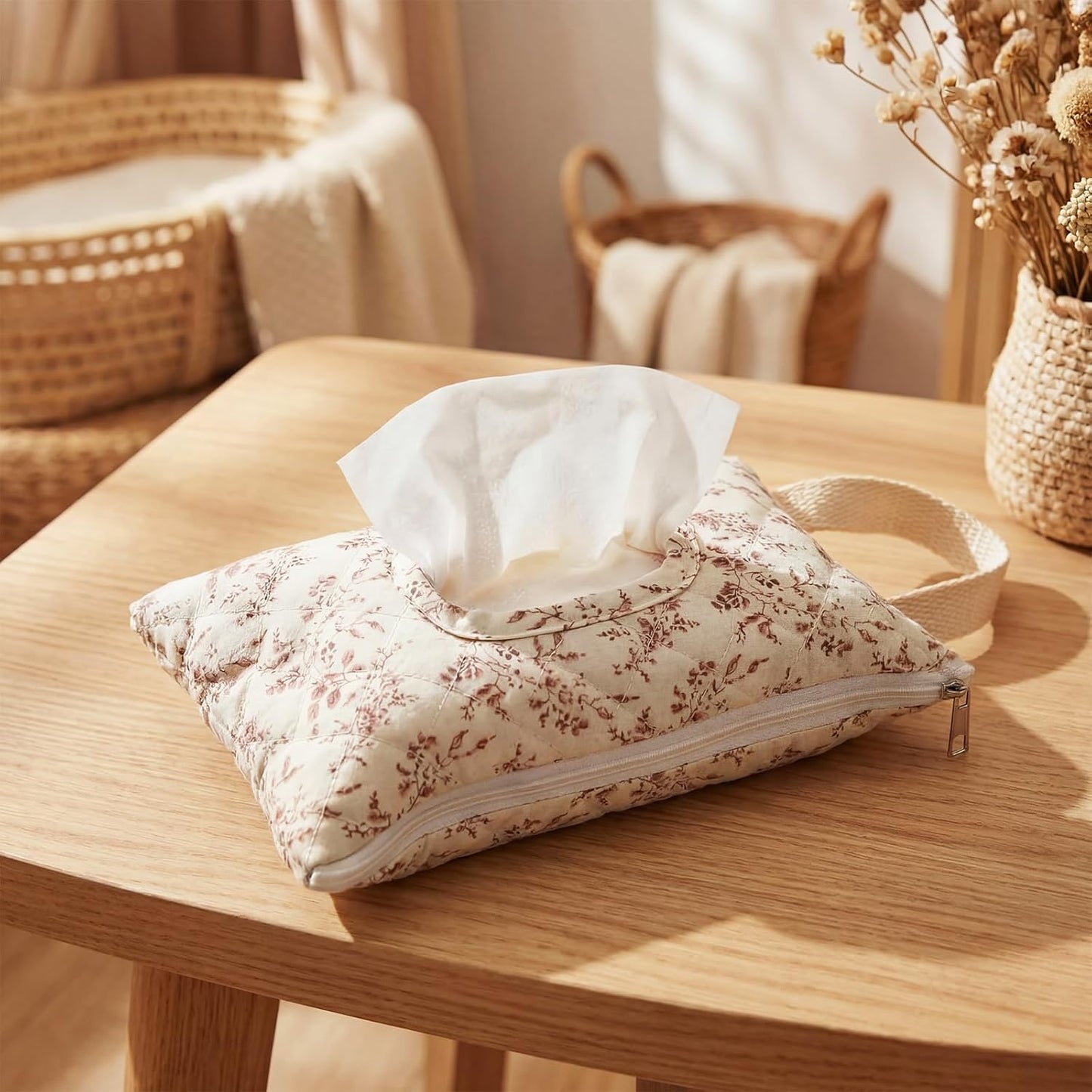 2 Pcs Quilted Diaper and Wipes Pouch Portable Hanging Floral Wet Wipe Bag Diaper Bag Reusable Wipes Pouch for for Stroller Car Travel Infant Diapering Organizer (Mixed Floral)