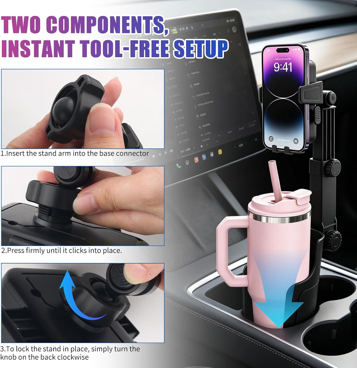 2-in-1 Cup Holder Phone Holder,Upgraded Version Cup Holders Phone Mount with Long Arm & 360° Adjustable,Cups Phones Holders for Car as Car Accessories for 4.7-7 inches Phones