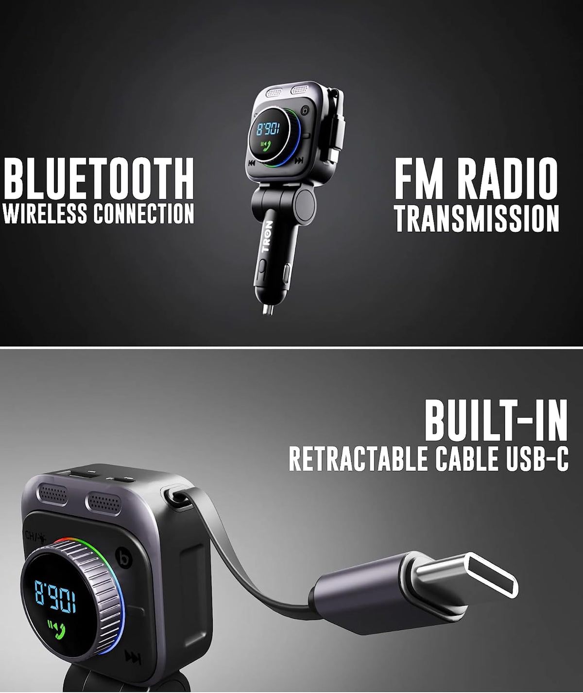 TRON TR128 72W Bluetooth 5.4 FM Transmitter Car Charger, Retractable USB-C Cable, Hands-Free Calling, Hi-Fi Bass, USB-C& A Ports, 12V-24V Compatible