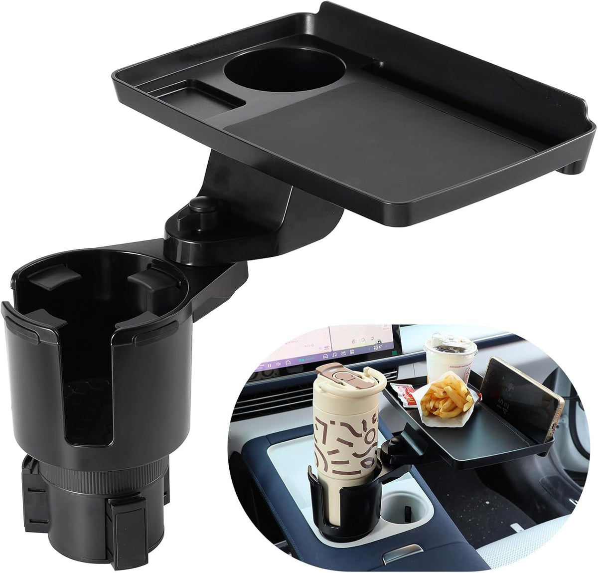 Car Large Cup Holder Expander, 3-in-1 Cupholder Extender with Swivel and Detachable Snack Food Tray Table for Eating, Travel Essentials for Road Trips for Driver. Model E