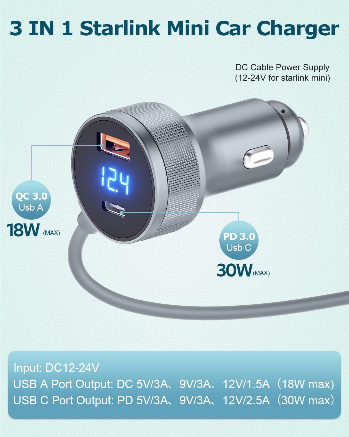 Starlink Mini Car Adapter 3M/10FT 3 in 1 Starlink Mini 12V DC Power Cable