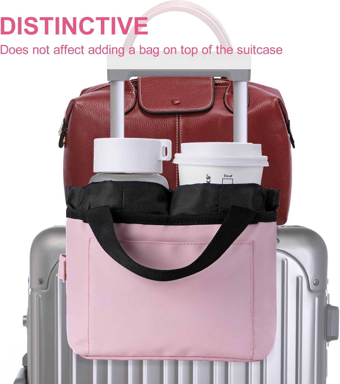 Luggage Cup Holder - Multifunctional Travel Caddy - Fits Suitcase Handles, Also, as a Stroller & Automotive Cup Holder - Pink