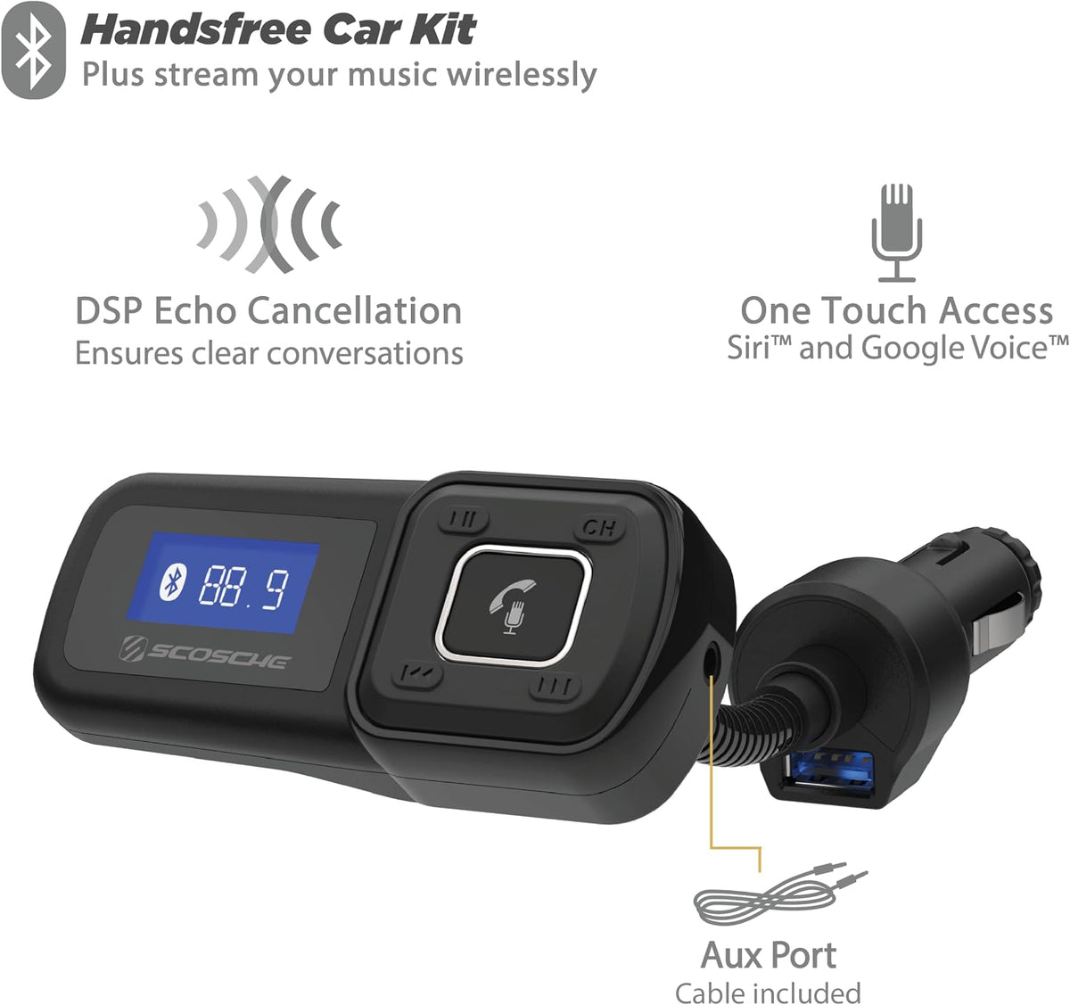 Scosche BTFM2A BTFREQ Universal Bluetooth Hands-Free Car Kit with Digital FM Transmitter and 12-Watt USB Car Charger, Stream Smartphone Audio