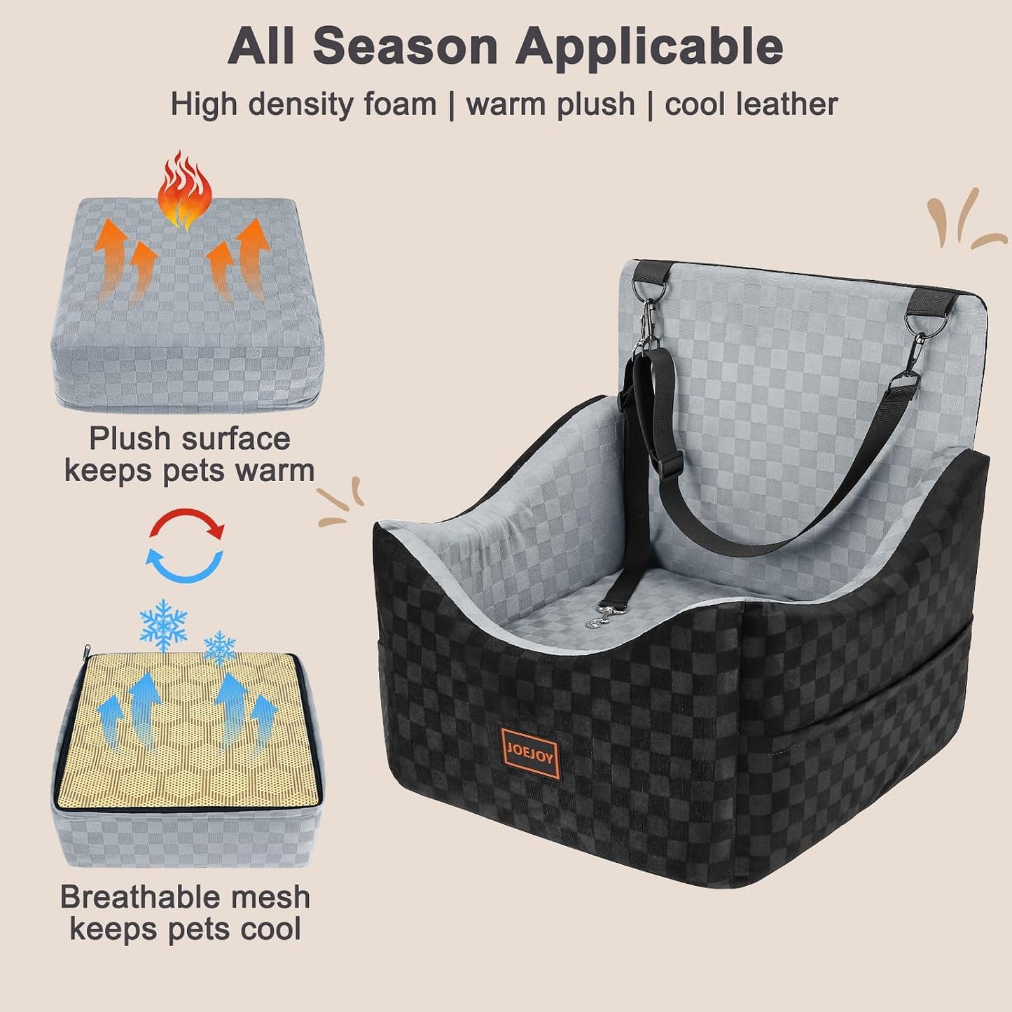 JOEJOY Elevated Dog Car Seat for Small/Medium Dogs up to 35 lbs, Memory Foam Booster Seat with Detachable Washable Cover, Travel-Safe Car Bed with Safety Belts & Storage Pockets, Grey
