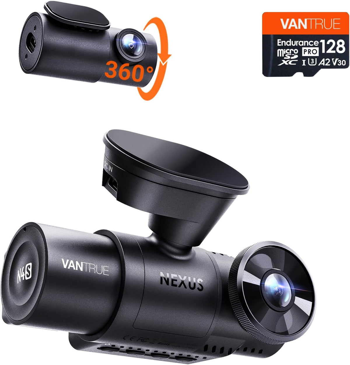 【Bundle: Vantrue N4S Dash Cam & 128GB microSD Card】 STARVIS 2, PlatePix, 2.7K+1440P+1440 Front Inside Rear Dashcam, 24/7 Buffered Parking Mode, Support 1TB Max